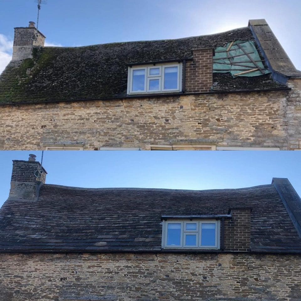 Storm damaged Collyweston roof