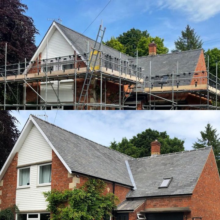 Before and After installation of reclaimed Welsh Slate roof