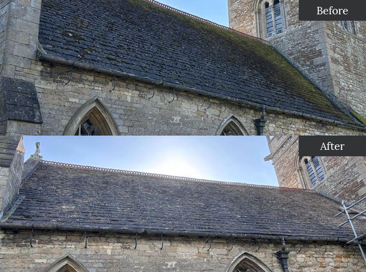 Collyweston Slate Roof Cleaning - before and after